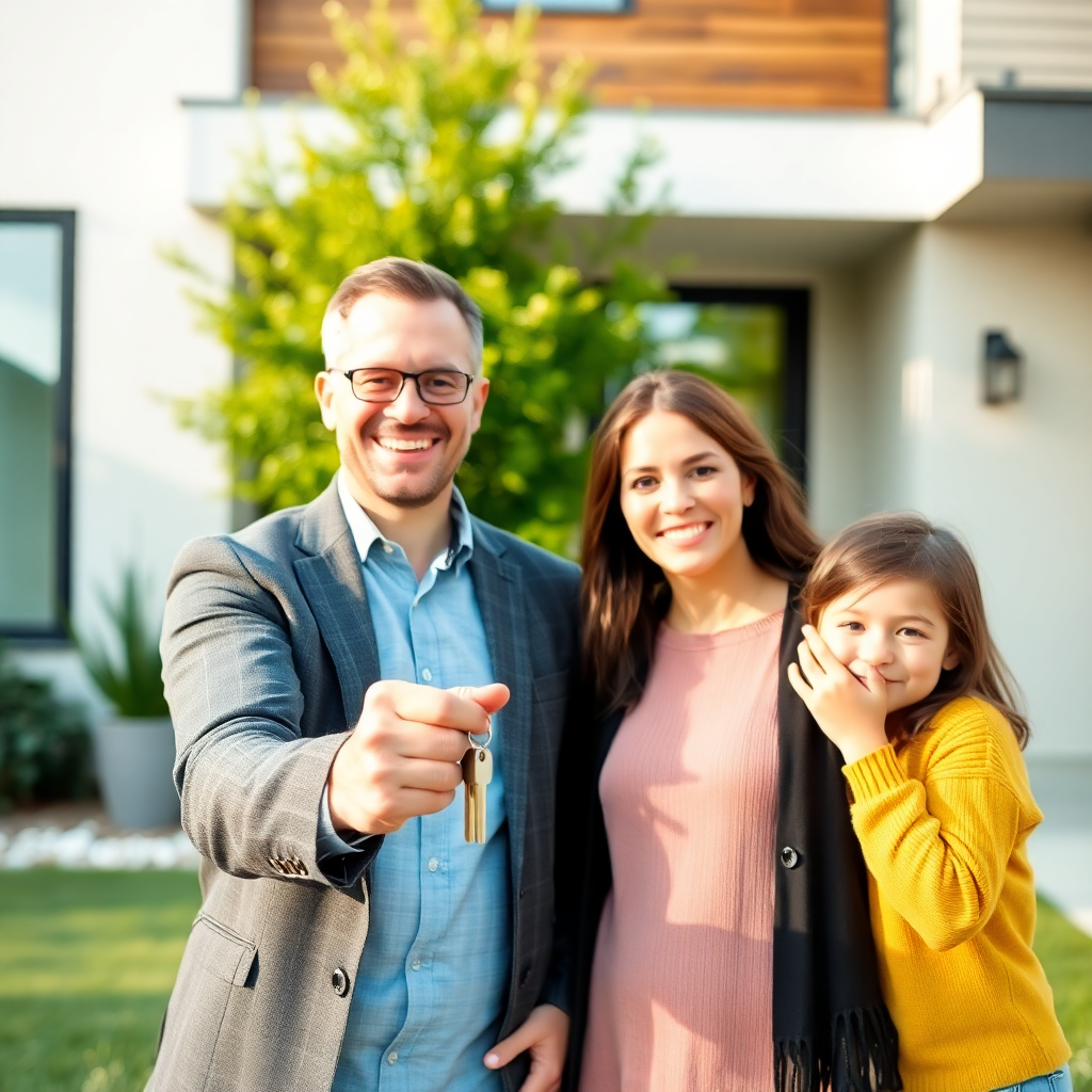 happy family with real estate agent holding house keys, modern home in background