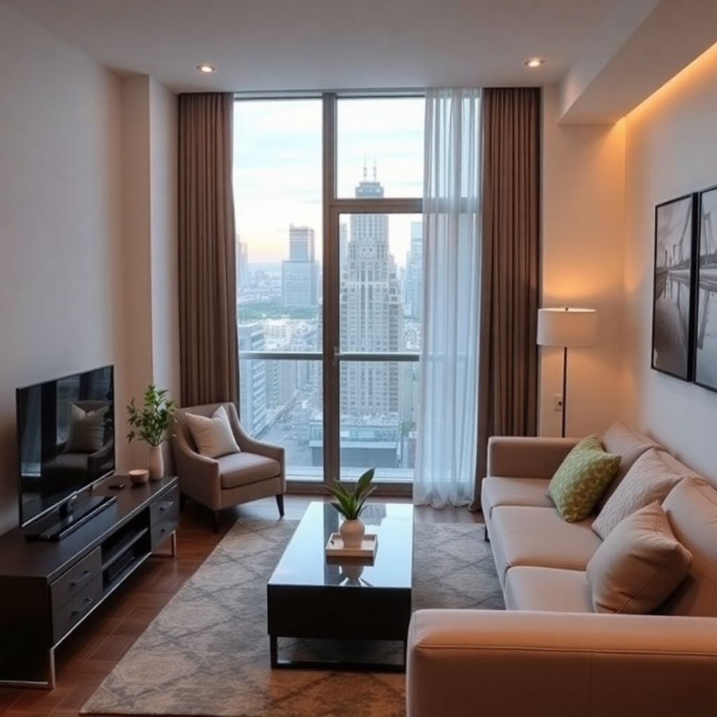 modern apartment interior, furnished rental property, city view